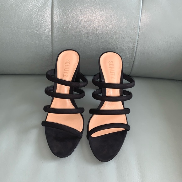 SCHUTZ Luna/Black Siede Strappy Block Heel Pump Sandals - Picture 2 of 9
